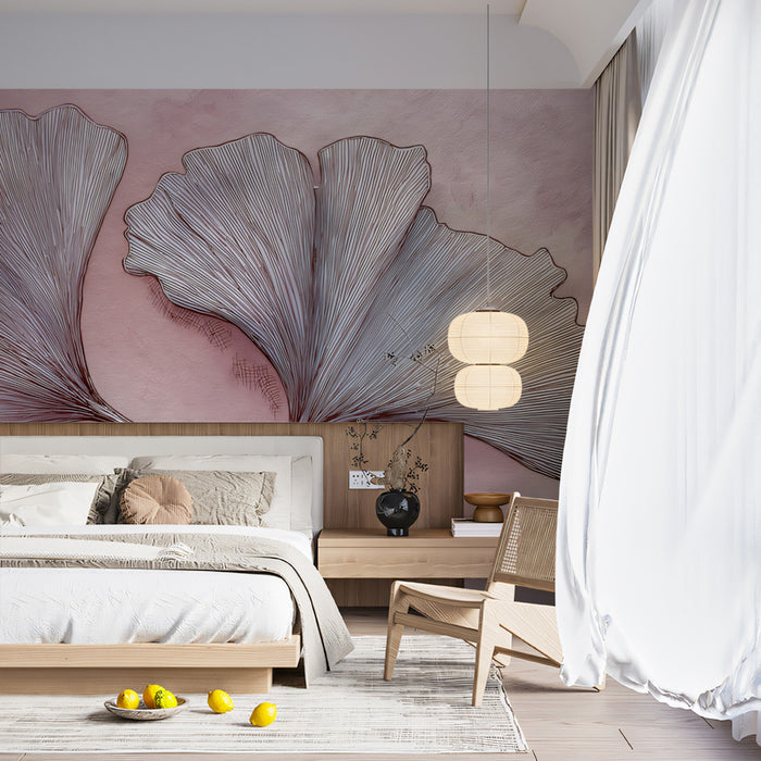 Murale di carta da parati con arte astratta di foglie di Ginkgo | Schizzo botanico minimalista rosa e bianco