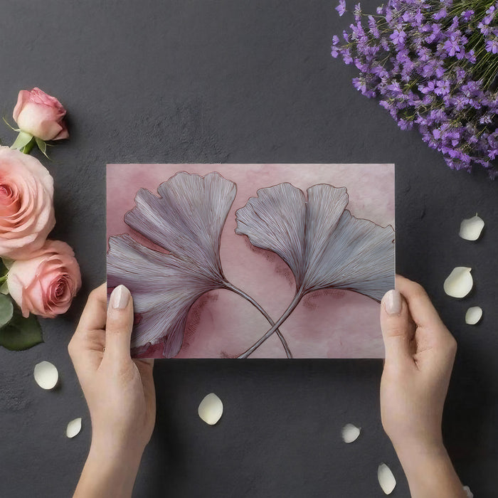 Murale di carta da parati con arte astratta di foglie di Ginkgo | Schizzo botanico minimalista rosa e bianco
