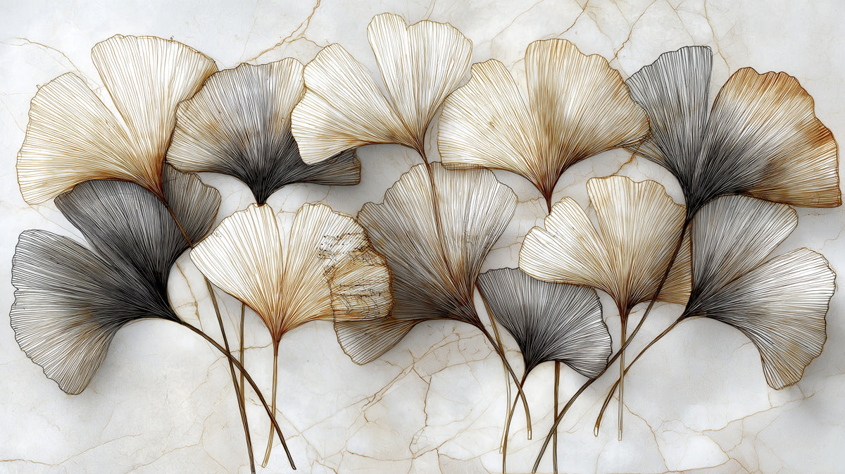 Abstract Metallic Ginkgo Leaves Mural Wallpaper | Luxurious Gold & Grey Floral Art