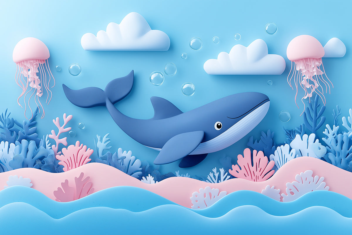 Whale and Underwater Mural Wallpaper in Child's Room | Blue, Orange, and Various Pastel Shades Whale -3