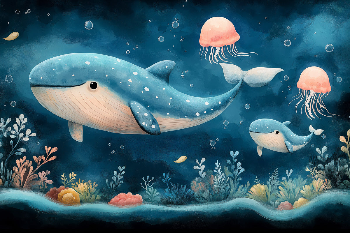 Whale and Underwater Mural Wallpaper in Child's Room | Blue, Orange, and Various Pastel Shades Whale -5