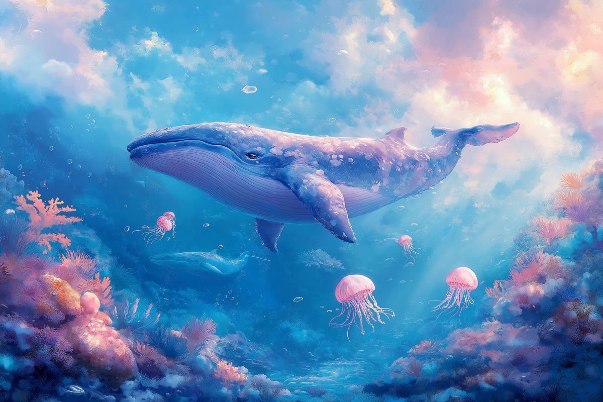 Whale and Underwater Mural Wallpaper in Child's Room | Blue, Orange, and Various Pastel Shades Whale -6