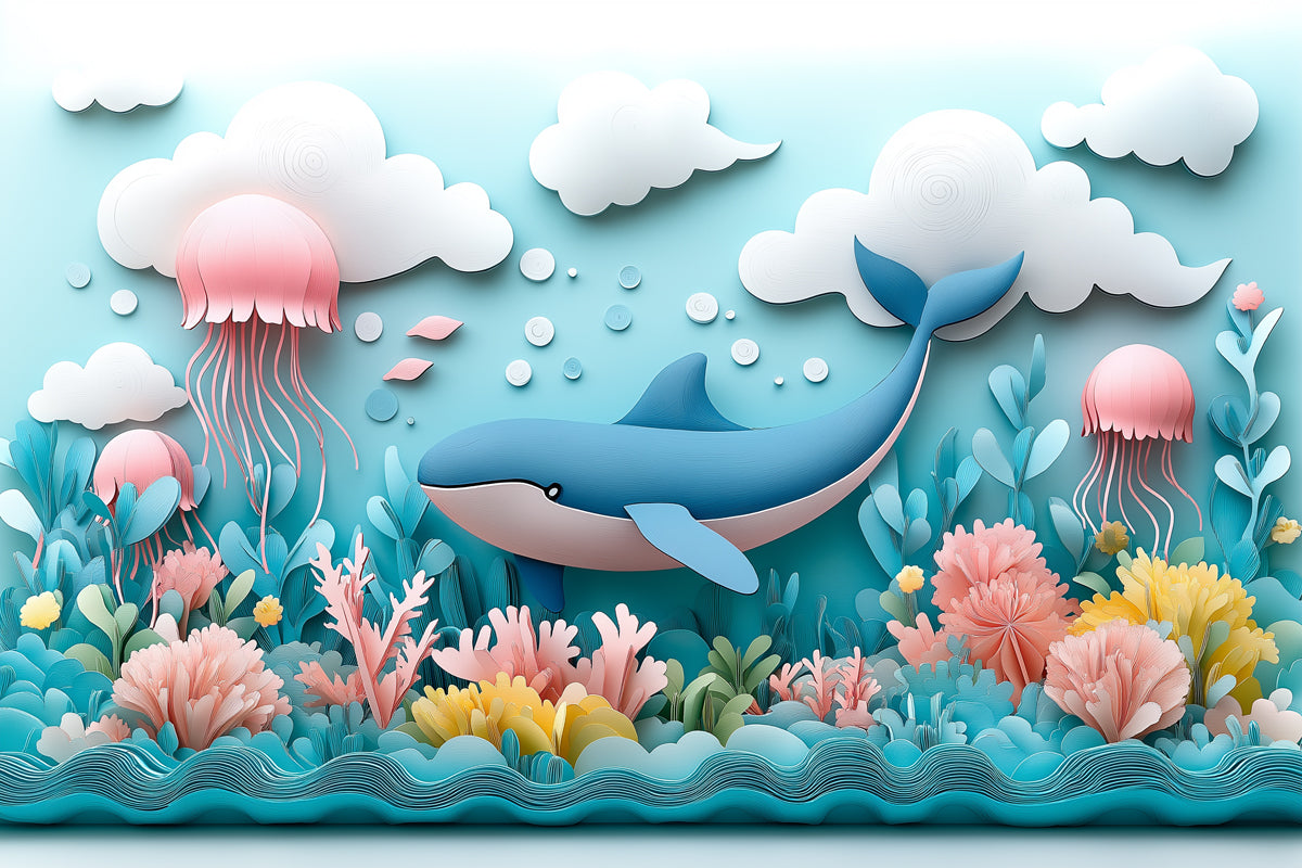 Paper Art Ocean Scene Mural Wallpaper in Playroom | Blue, Pink, and Various Pastel Shades Whale