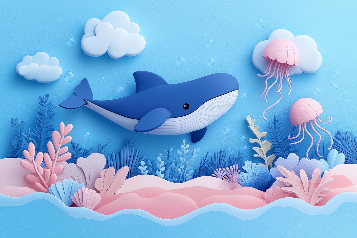 Paper Art Ocean Scene Mural Wallpaper in Playroom | Blue, Pink, and Various Pastel Shades Whale -3