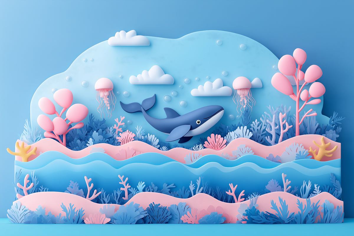 Paper Art Ocean Scene Mural Wallpaper in Playroom | Blue, Pink, and Various Pastel Shades Whale -5