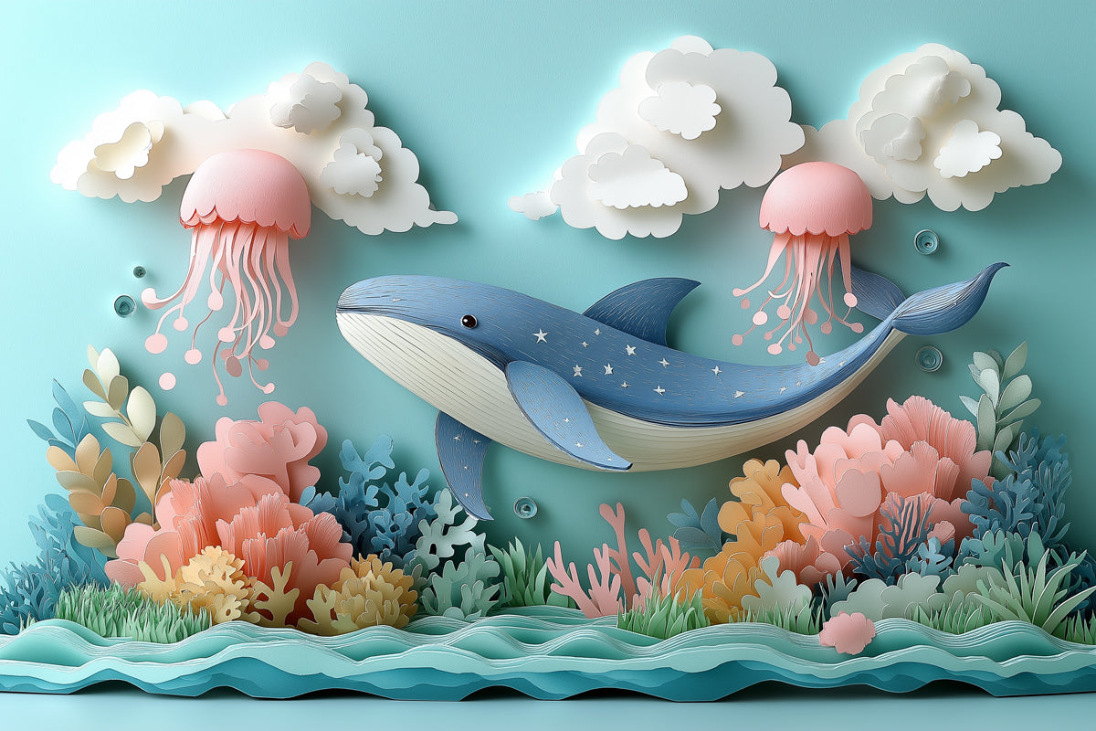 Paper Art Ocean Scene Mural Wallpaper in Playroom | Blue, Pink, and Various Pastel Shades Whale -6