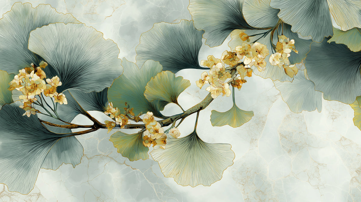 Abstract Flowering Ginkgo Branch Mural Wallpaper | Elegant Botanical Art with Marble