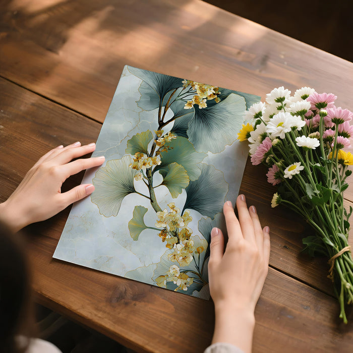 Abstract Flowering Ginkgo Branch Mural Wallpaper | Elegant Botanical Art with Marble