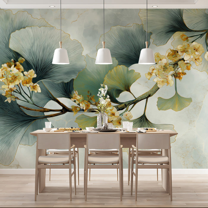 Abstract Flowering Ginkgo Branch Mural Wallpaper | Elegant Botanical Art with Marble