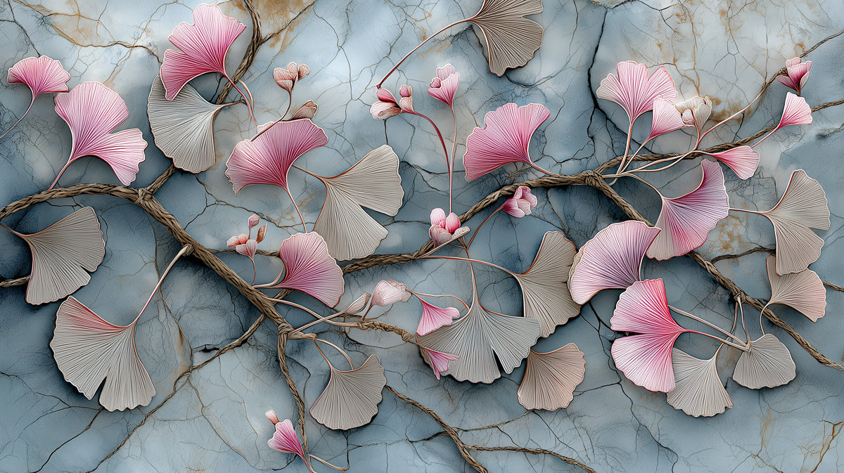 Abstract Ginkgo Branch Mural Wallpaper | Modern Botanical Art with Pink Flowers