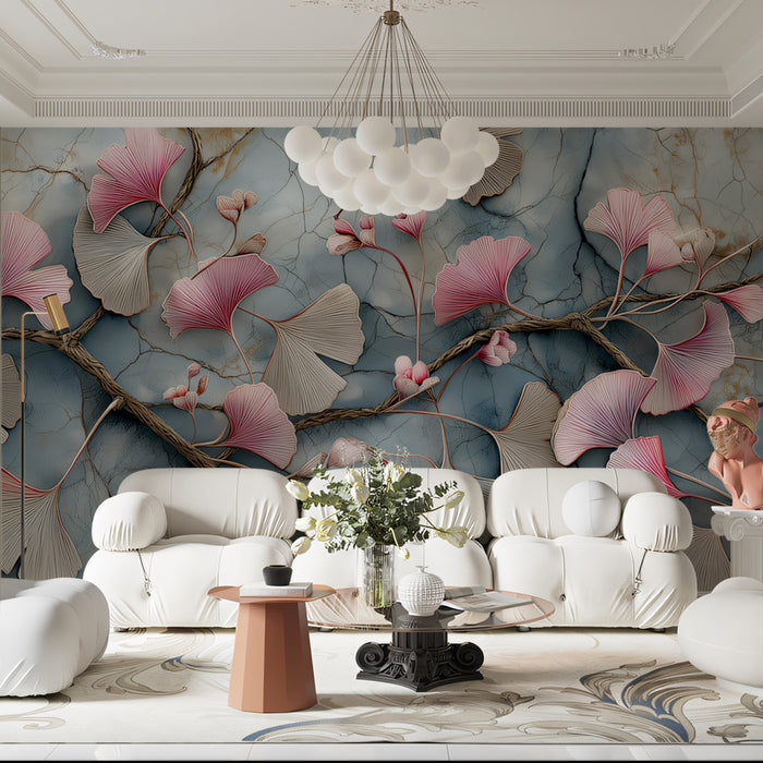 Abstract Ginkgo Branch Mural Wallpaper | Modern Botanical Art with Pink Flowers