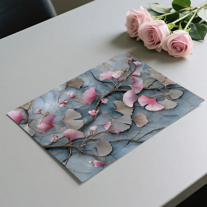Abstract Ginkgo Branch Mural Wallpaper | Modern Botanical Art with Pink Flowers