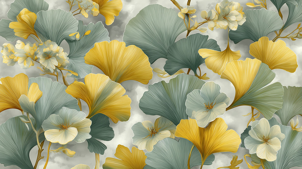 Abstract Ginkgo Floral Mural Wallpaper | Modern Botanical Art with Yellow & Grey Leaves