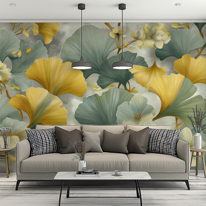 Abstract Ginkgo Floral Mural Wallpaper | Modern Botanical Art with Yellow & Grey Leaves
