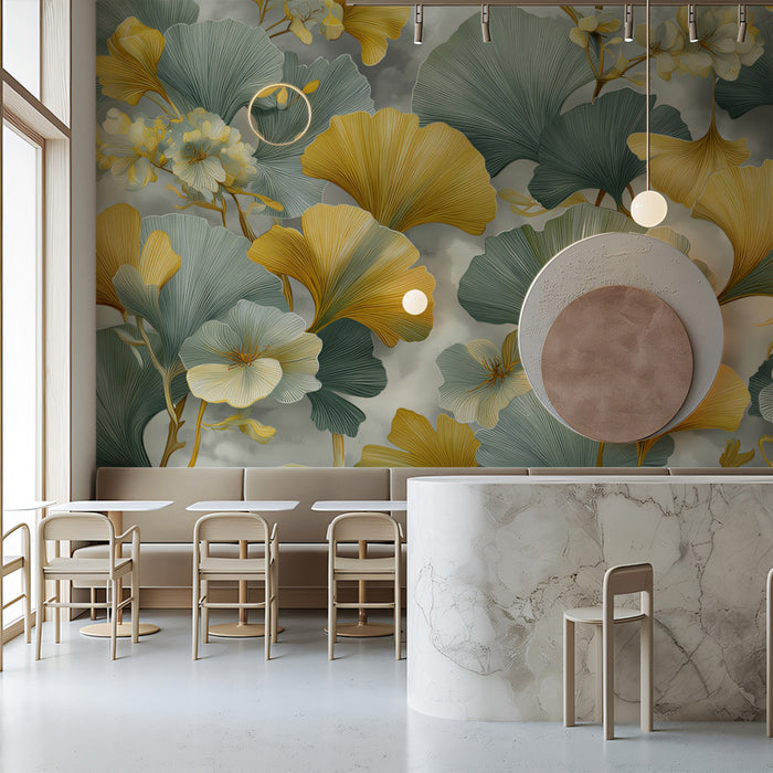 Abstract Ginkgo Floral Mural Wallpaper | Modern Botanical Art with Yellow & Grey Leaves