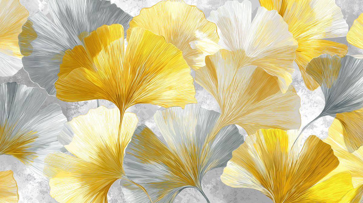 Abstract Golden Ginkgo Leaves Mural Wallpaper | Luxurious Gold & Grey Floral Art