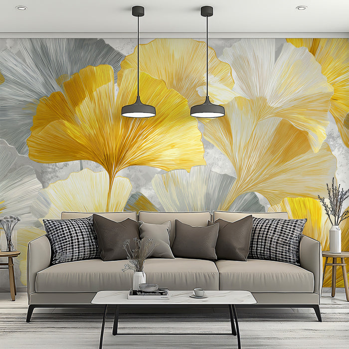Abstract Golden Ginkgo Leaves Mural Wallpaper | Luxurious Gold & Grey Floral Art