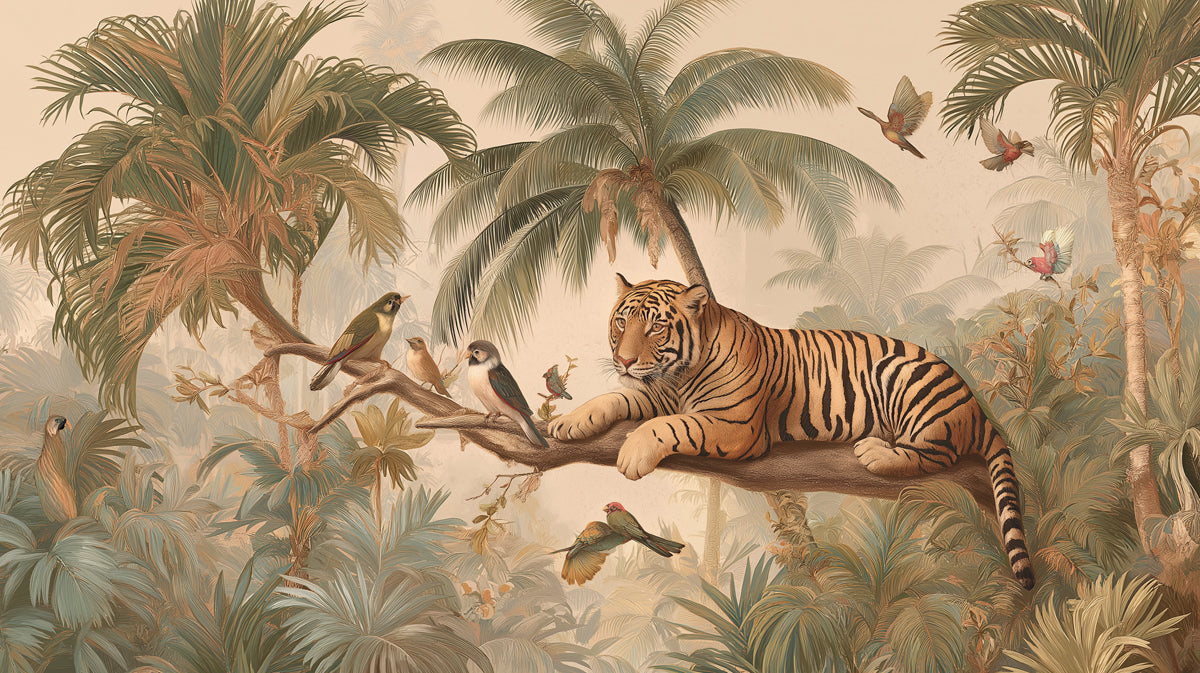 Serene Tiger in Jungle Mural Wallpaper | Classic Safari Wildlife Art with Birds