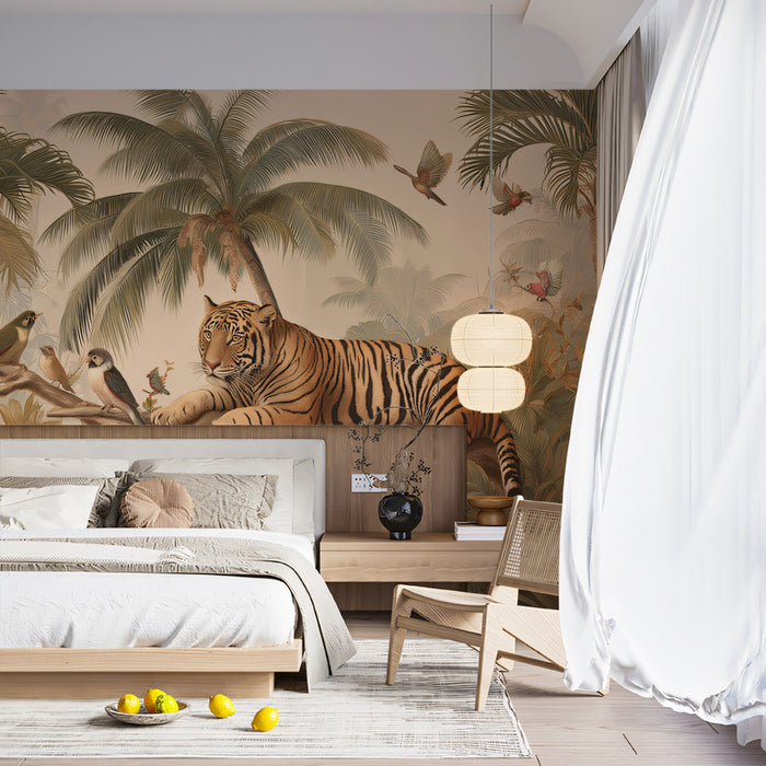 Serene Tiger in Jungle Mural Wallpaper | Classic Safari Wildlife Art with Birds