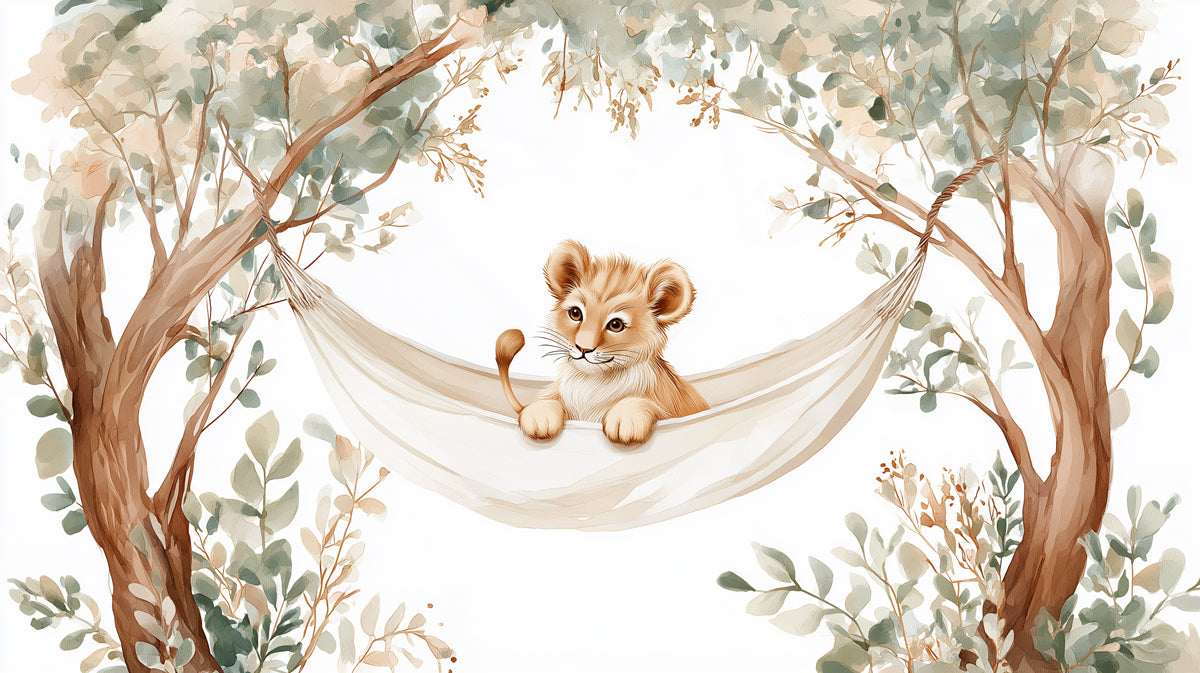 Adorable Lion Cub in Hammock Mural Wallpaper | Cute Safari Animal Art