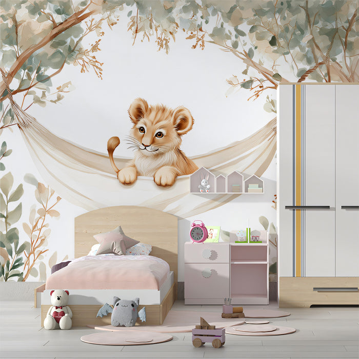 Adorable Lion Cub in Hammock Mural Wallpaper | Cute Safari Animal Art