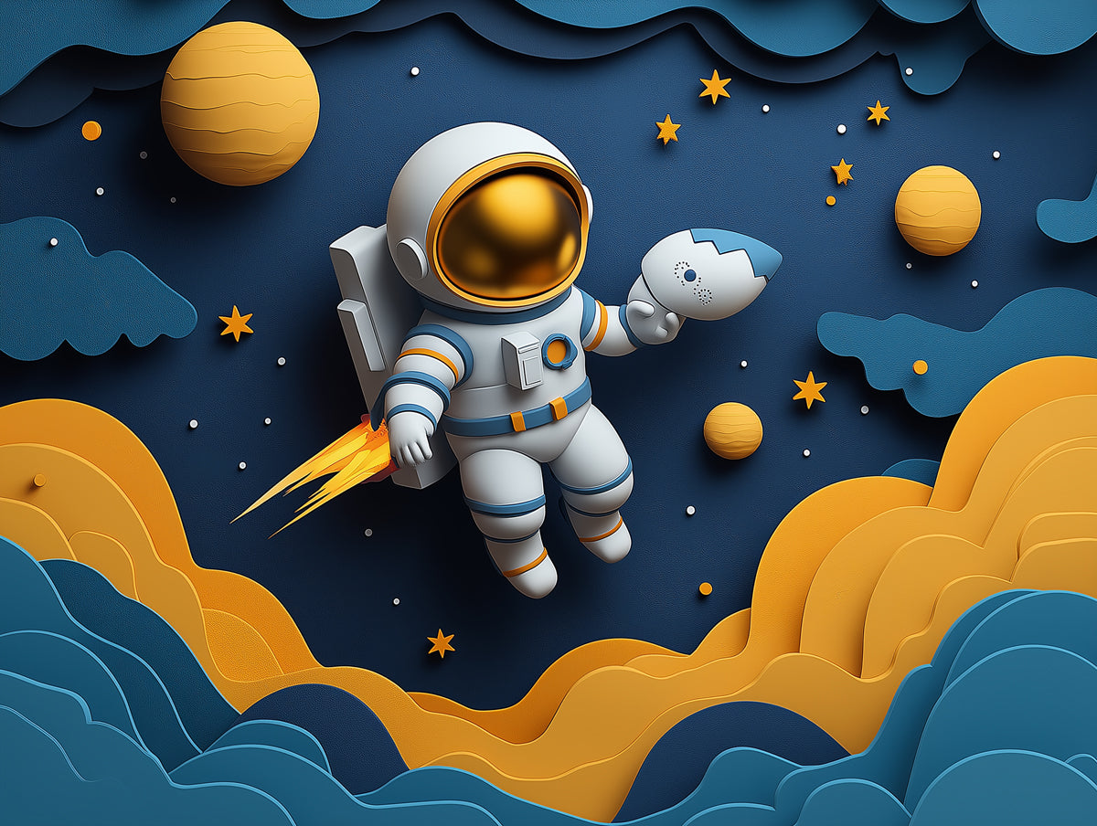 Astronaut in Space Mural Wallpaper in Child's Room | Blue, Orange, and Yellow Astronaut -2