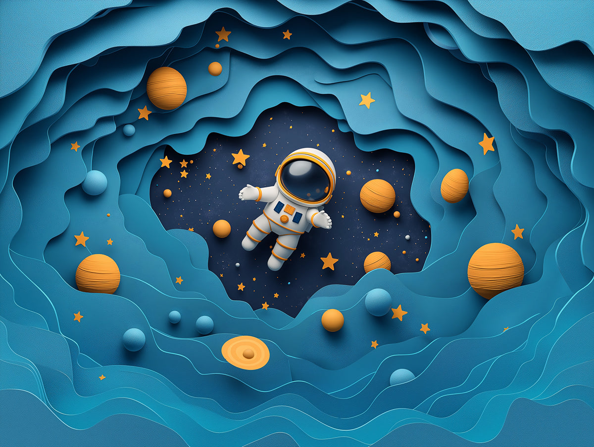 Astronaut in Space Mural Wallpaper in Child's Room | Blue, Orange, and Yellow Astronaut -3