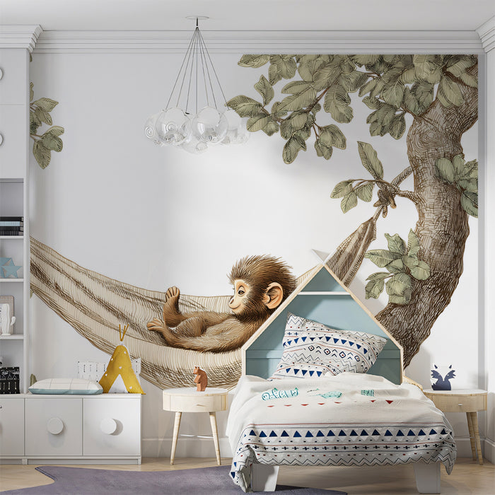 Adorable Monkey in Hammock Mural Wallpaper | Cute Safari Animal Art