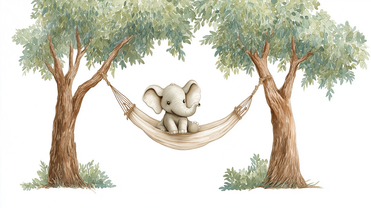 Adorable Elephant in Hammock Mural Wallpaper | Cute Safari Animal Art