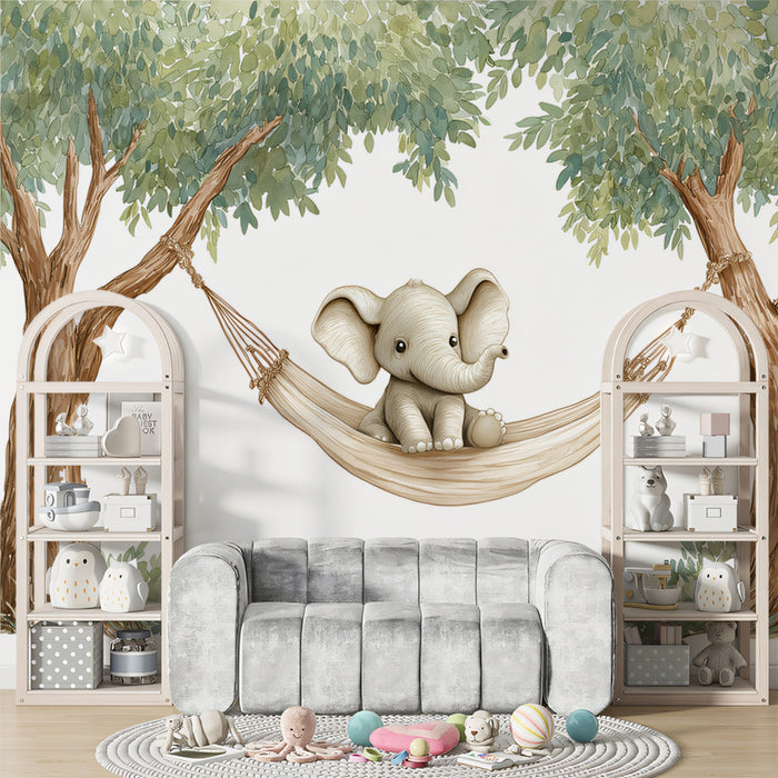 Adorable Elephant in Hammock Mural Wallpaper | Cute Safari Animal Art