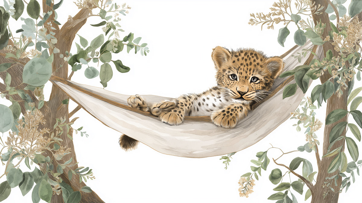 Adorable Leopard Cub in Hammock Mural Wallpaper | Cute Safari Animal Art