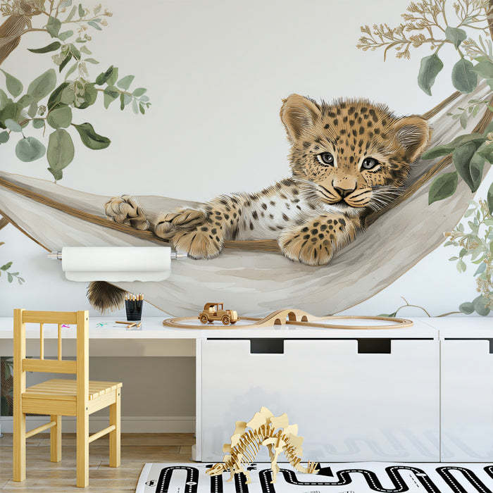 Adorable Leopard Cub in Hammock Mural Wallpaper | Cute Safari Animal Art