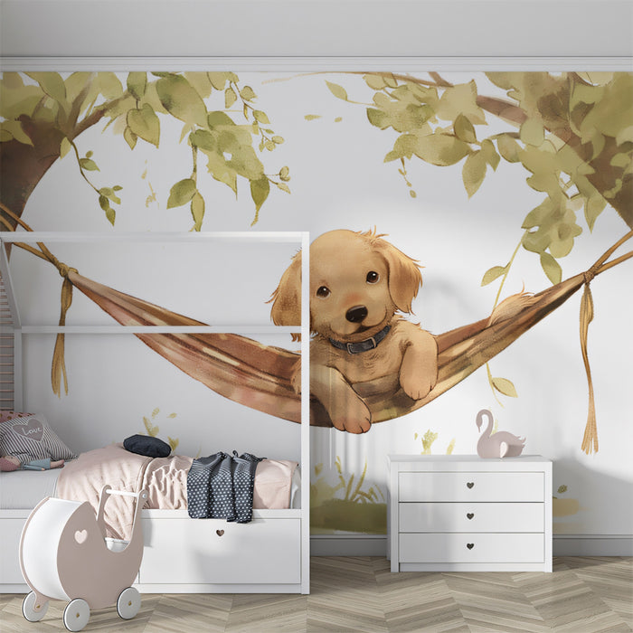 Adorable Golden Retriever in Hammock Mural Wallpaper | Cute Puppy Art