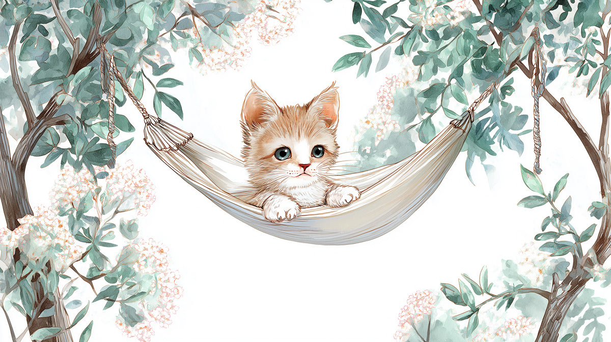 Adorable Kitten in Hammock Mural Wallpaper | Cute Feline Art