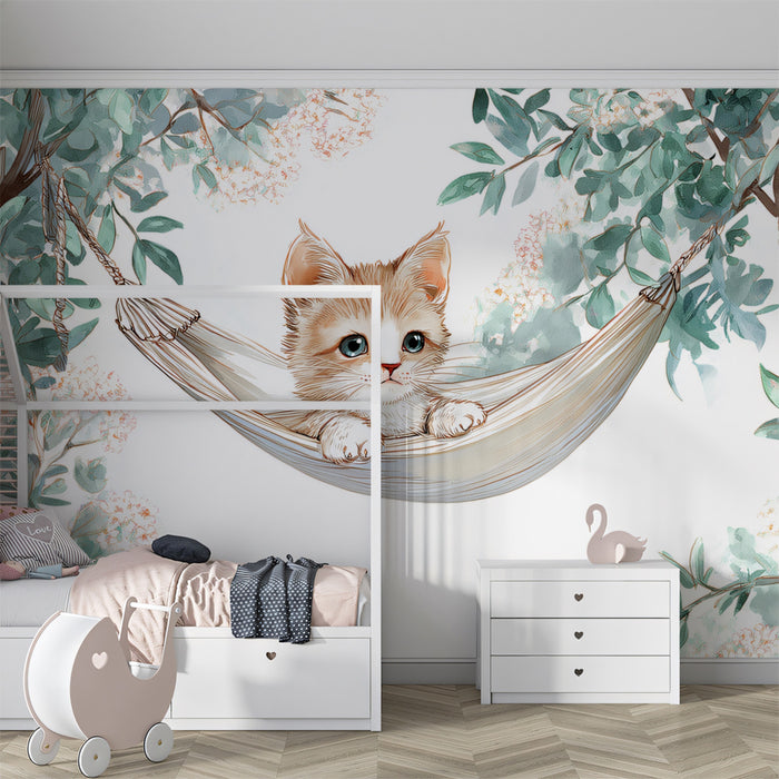 Adorable Kitten in Hammock Mural Wallpaper | Cute Feline Art
