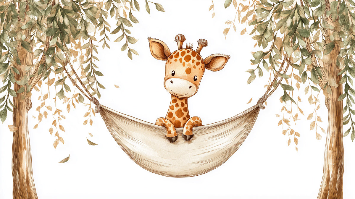 Murales de papel pintado con jirafa adorable en hamaca | Arte de animal de safari lindo