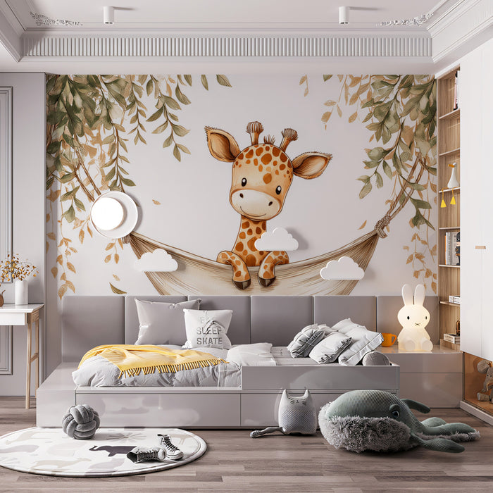 Murales de papel pintado con jirafa adorable en hamaca | Arte de animal de safari lindo