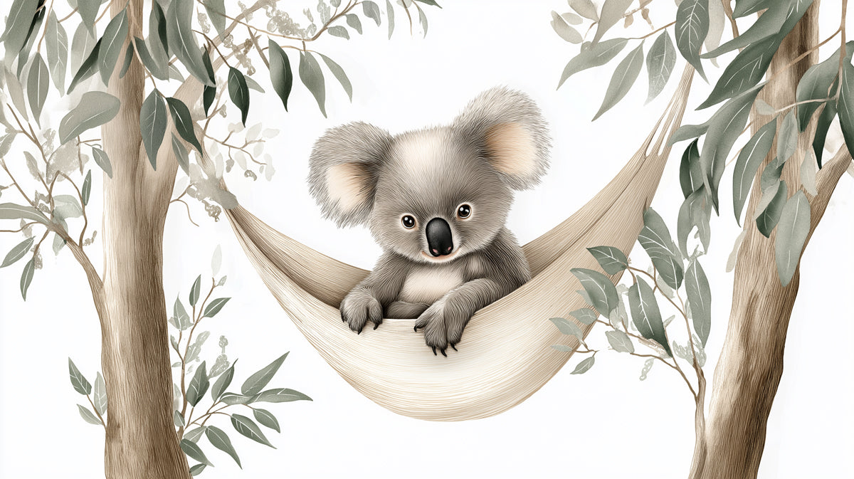 Murales de papel tapiz de koala adorable en hamaca | Arte de animal del bosque lindo