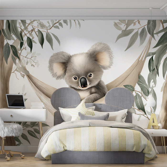 Murales de papel tapiz de koala adorable en hamaca | Arte de animal del bosque lindo