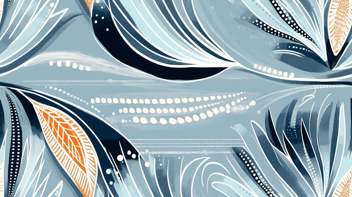 Abstract Teal & Orange Floral Mural Wallpaper | Modern Botanical Art with Textured Lines