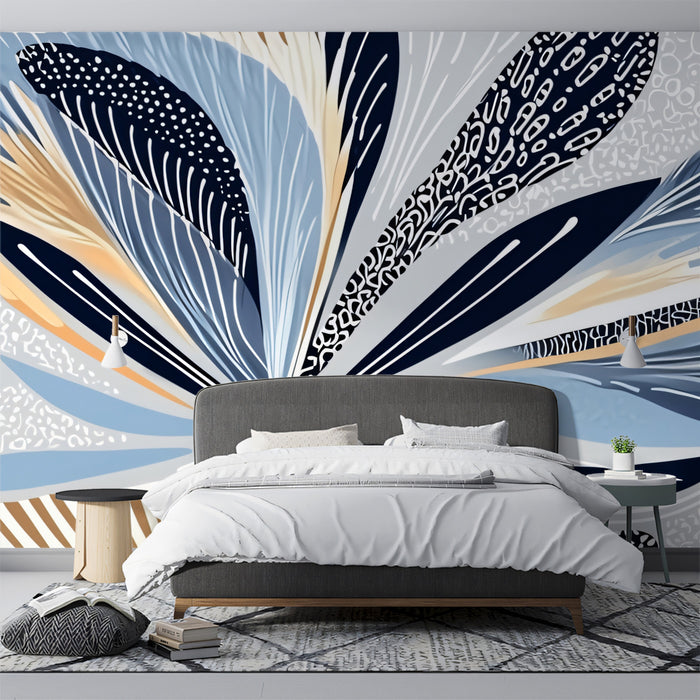 Abstract Teal & Orange Floral Mural Wallpaper | Modern Botanical Art with Intricate Patterns