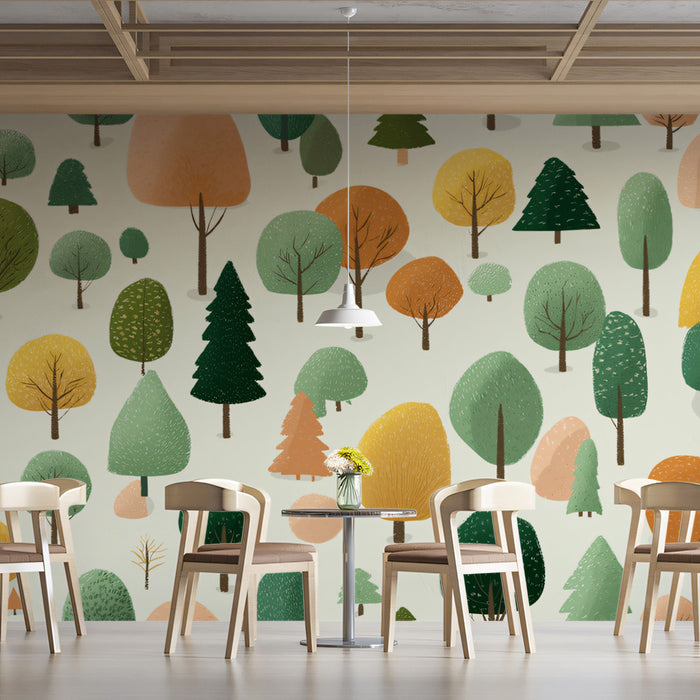 Whimsical Geometric Tree Pattern Mural Wallpaper | Cute Forest Landscape