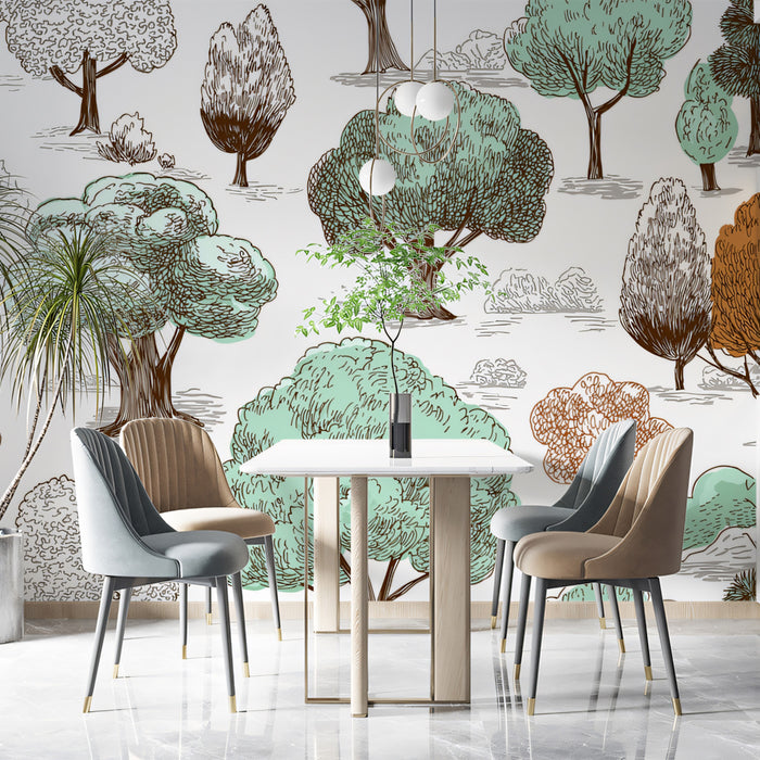Whimsical Forest Sketch Mural Wallpaper | Hand-Drawn Trees & Landscape Pattern