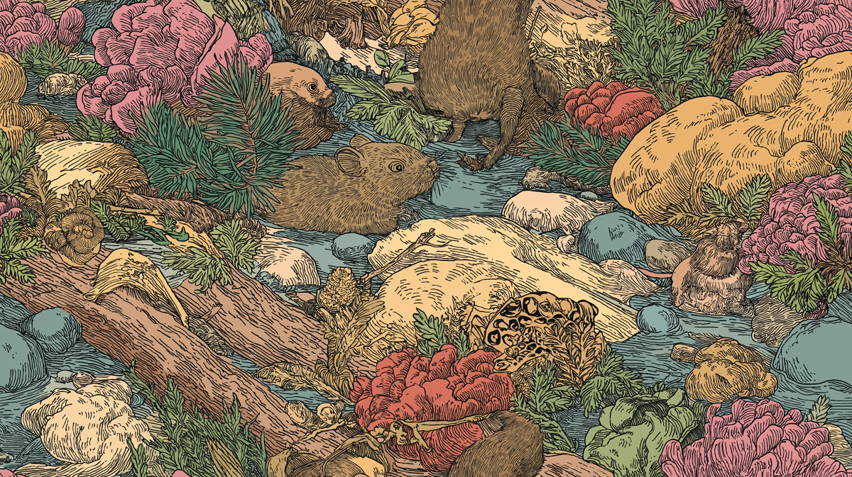 Detailed Woodland Creek Pattern Mural Wallpaper | Natural Forest Animals & Foliage