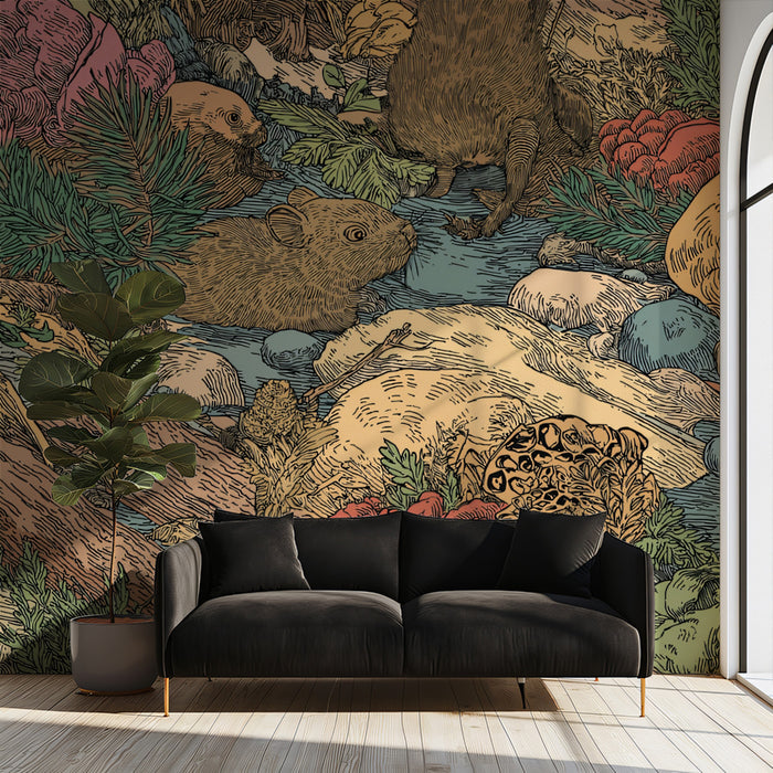 Detailed Woodland Creek Pattern Mural Wallpaper | Natural Forest Animals & Foliage
