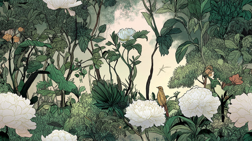 Illustration of a lush forest with white flowers and birds