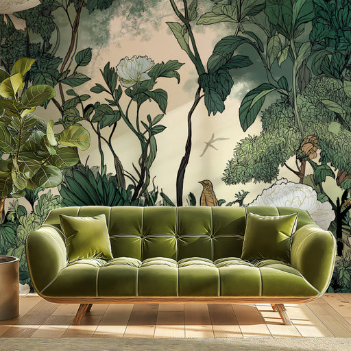 Green sofa with decorative pillows against a forest mural