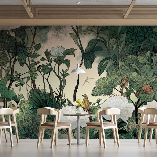 Dining area with floral wall mural and wooden furniture