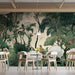 Dining area with floral wall mural and wooden furniture