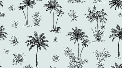 Pattern of black palm trees and flowers on a light blue background